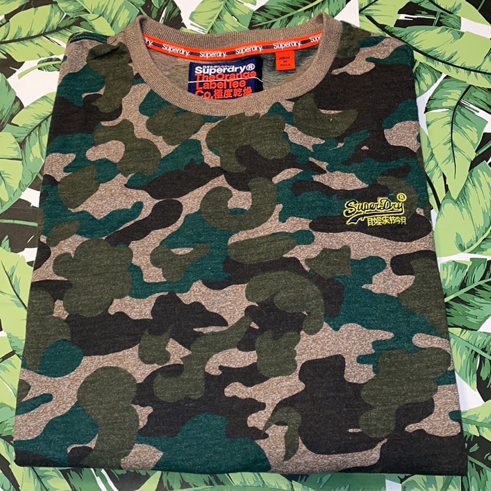 Superdry Camo T-Shirt Khaki Size XL Crew Neck Vintage Embroidery